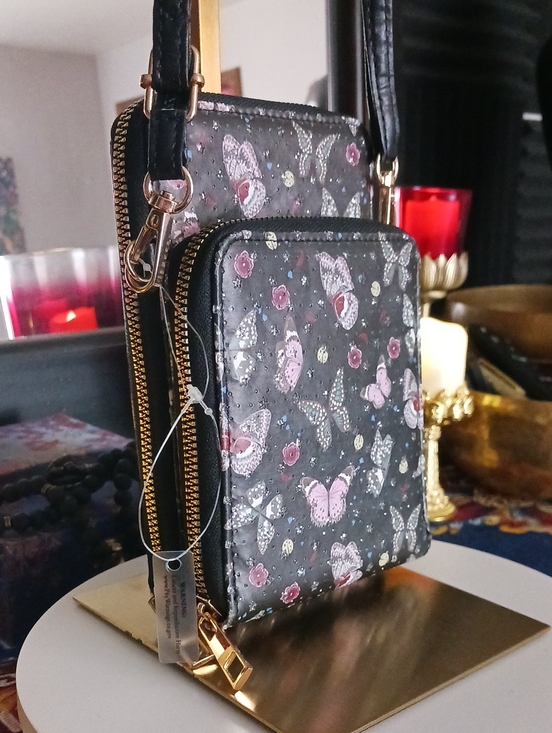 Handbags - Black Butterfly Print Crossbody Phone Hokder & Wallet NWT